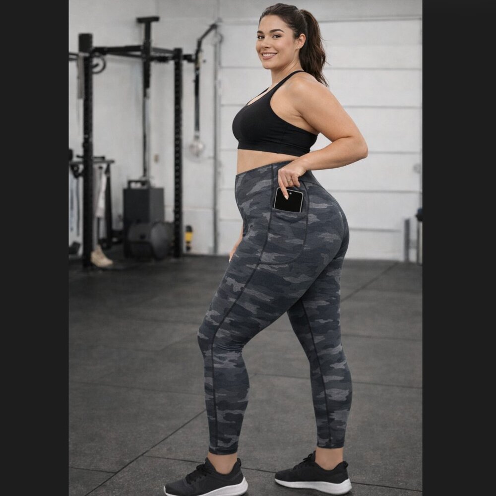 Athleta Camo 7/8 Leggings 1X Gray High Rise Compression Stash Pocket Active NWT